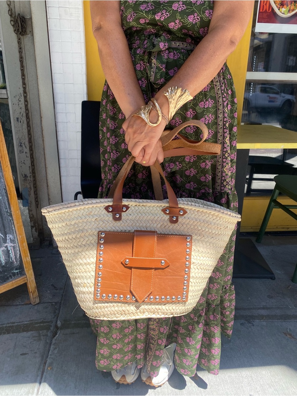 Natural Straw Tote with Tan Leather Pocket and Handles